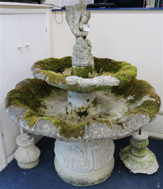 A reconstituted stone two tier garden fountain, H.4ft 8in. Diam. 4ft